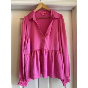 Lilly Pulitzer Peplum Blouse Womens 16 Pink Long Sleeve Smocked Cuff Top 013965